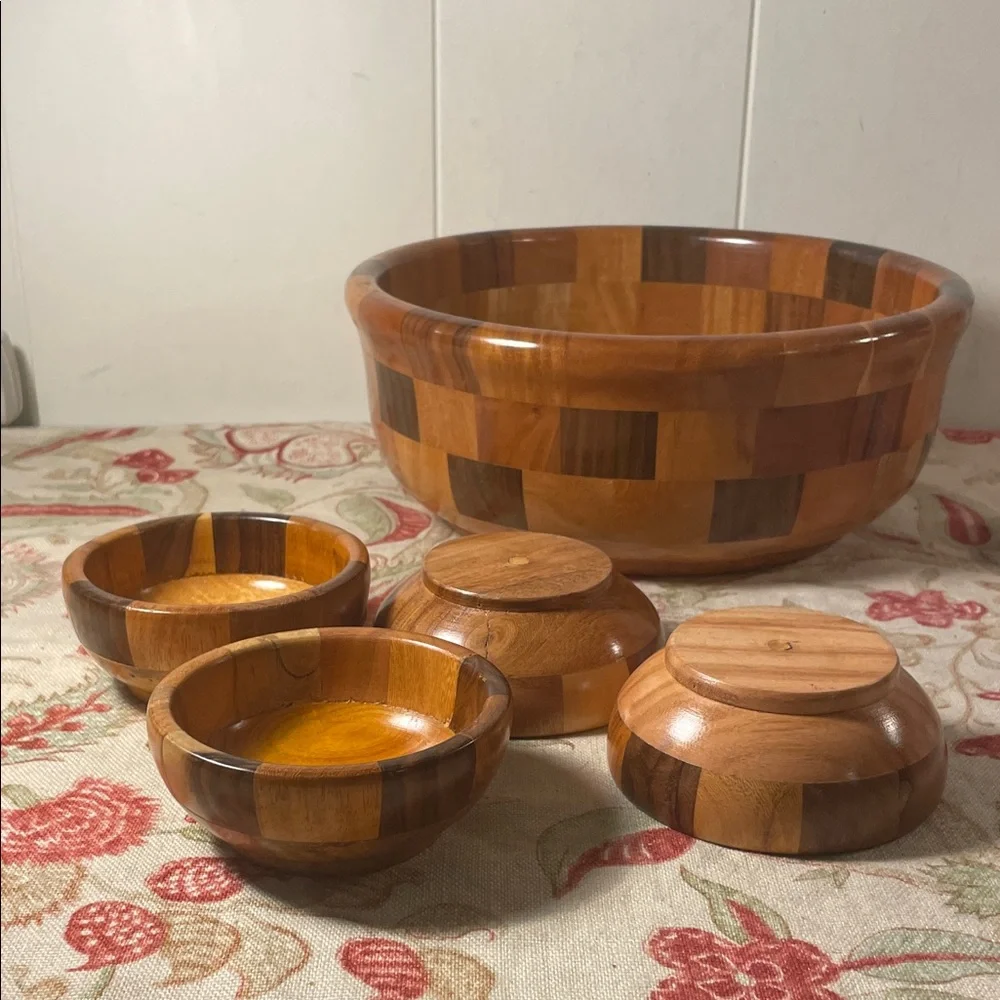 Wooden Checkered Handmade Salad Bowl 5 Piece Set
